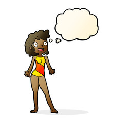 cartoon woman in swimming costume with thought bubble