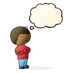 cartoon boy with folded arms with thought bubble