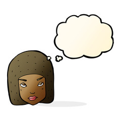 cartoon annoyed female face with thought bubble