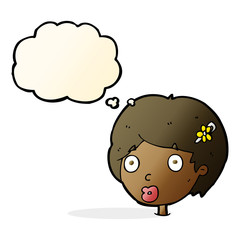 cartoon surprised female face with thought bubble