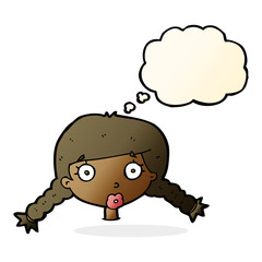 cartoon confused female face with thought bubble
