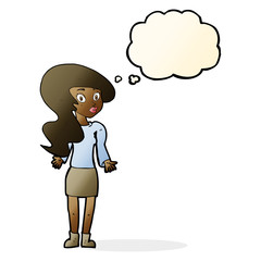 cartoon woman shrugging shoulders with thought bubble