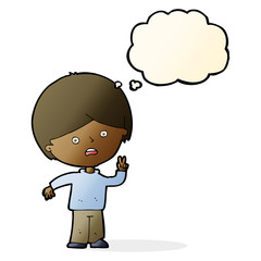 cartoon unhappy boy giving peace sign with thought bubble