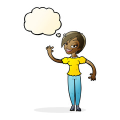 cartoon woman waving with thought bubble