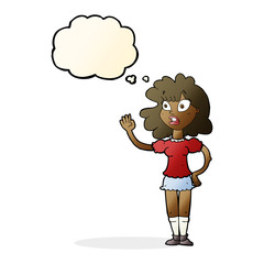 cartoon worried woman waving with thought bubble