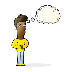 cartoon jaded man with thought bubble