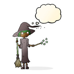 cartoon witch casting spell with thought bubble
