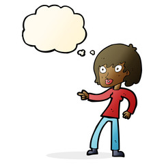 cartoon woman pointing with thought bubble