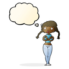 cartoon offended woman covering herself with thought bubble