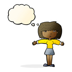 cartoon woman shrugging shoulders with thought bubble