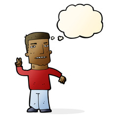 cartoon man giving peace sign with thought bubble