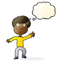 cartoon happy man waving with thought bubble