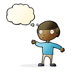 cartoon waving man with thought bubble