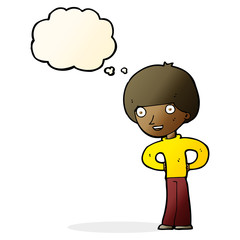 cartoon happy boy with hands on hips with thought bubble