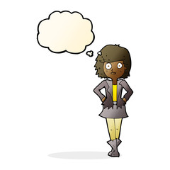 cartoon girl in jacket with thought bubble