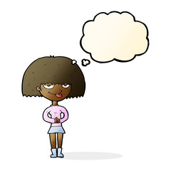cartoon sly woman with thought bubble