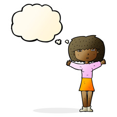 cartoon woman raising arms in air with thought bubble
