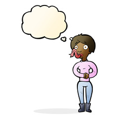 cartoon woman with snake tongue with thought bubble