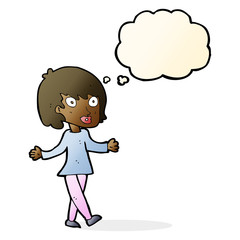cartoon woman with open arms with thought bubble