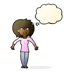 cartoon woman shrugging shoulders with thought bubble