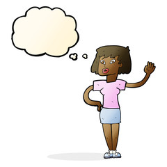 cartoon woman waving with thought bubble