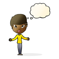 cartoon woman shrugging shoulders with thought bubble