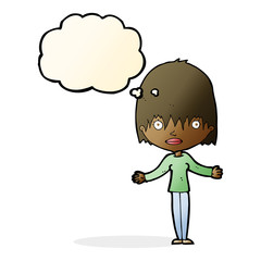 cartoon woman shrugging shoulders with thought bubble