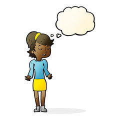 cartoon woman shrugging shoulders with thought bubble