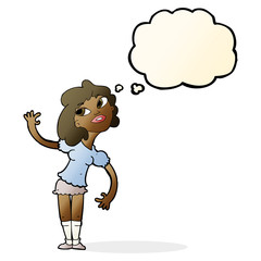 cartoon woman waving with thought bubble