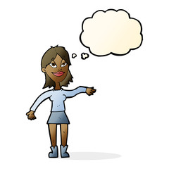 cartoon woman making hand gesture with thought bubble