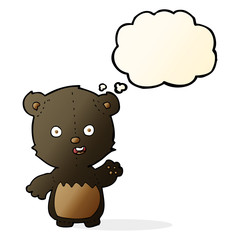 cartoon waving black bear cub with thought bubble