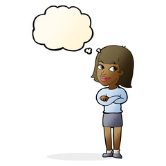 cartoon happy woman looking over with thought bubble