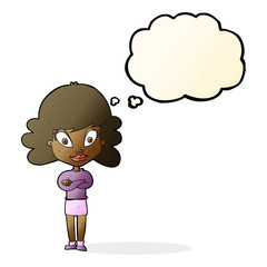 cartoon happy woman with folded arms with thought bubble