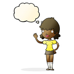 cartoon waving woman with thought bubble