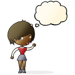 cartoon waving woman with thought bubble