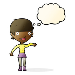 cartoon happy woman  with thought bubble