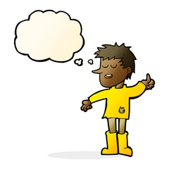 cartoon poor boy with positive attitude with thought bubble