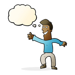 cartoon happy man dancing with thought bubble