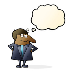 cartoon happy man in suit with thought bubble