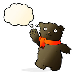 cartoon teddy bear wearing scarf with thought bubble