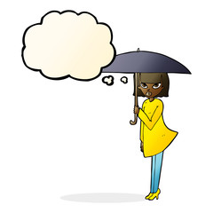 cartoon woman with umbrella with thought bubble