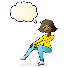 cartoon happy woman sitting with thought bubble