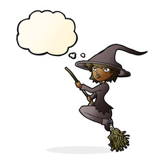 Obraz premium cartoon witch riding broomstick with thought bubble