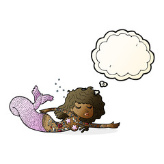 cartoon mermaid with tattoos with thought bubble
