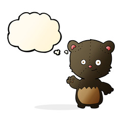 cartoon little black bear waving with thought bubble