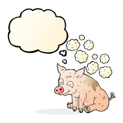 cartoon smelly pig with thought bubble