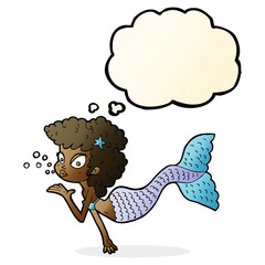 cartoon mermaid blowing kiss with thought bubble