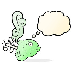 cartoon smelly old fish head with thought bubble