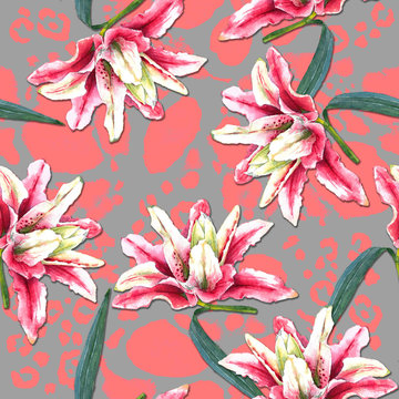 Seamless floral pattern of double bloom oriental pink lilies on pink leopard spots background. Hand painted watercolor tropical flowers. Fabric texture.