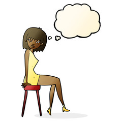 cartoon woman sitting on stool with thought bubble